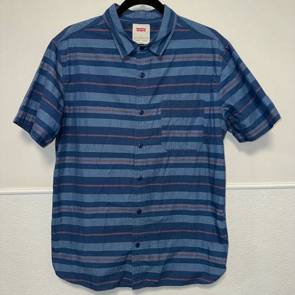 Vans Striped Button-Up Shirt Men's Size Medium Short Sleeve Blue Cotton Casual - Picture 1 of 11